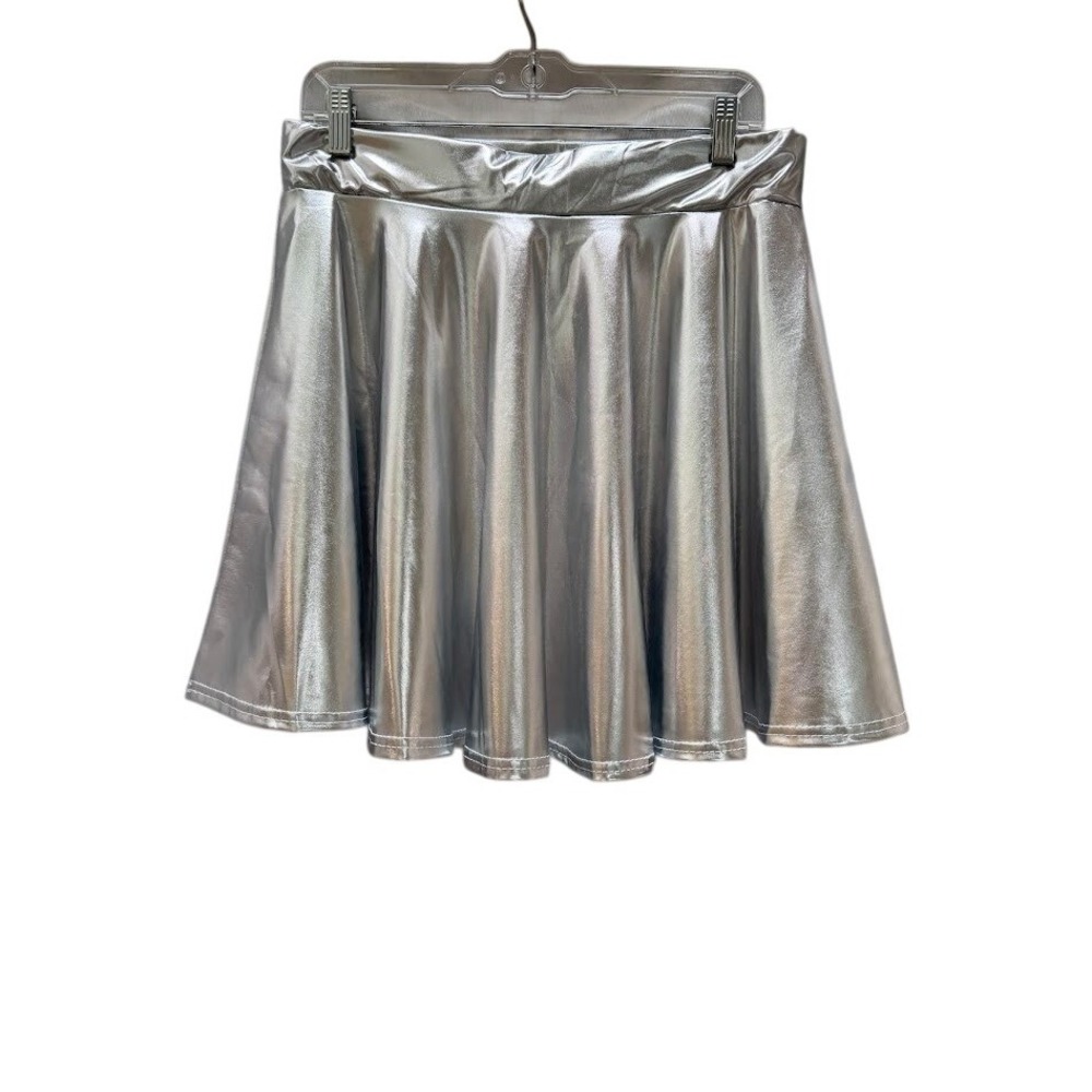 Urban Coco Womens Silver Metallic Skater Mini Skirt XL Shiny Liquid Metal Rave